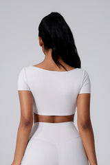 Women Square Neck Crop Removable-Pad Pleated Sculpting Workout Short Sleeve