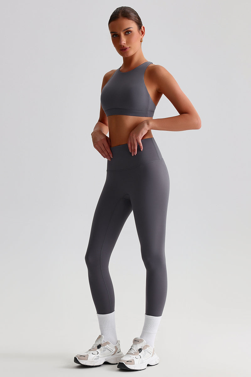 Women Brushed Cross-Back Slim-Fit Yoga Set: High-Waisted Butt-Lifting Outdoor Running Leggings + Round Neck Sports Bra