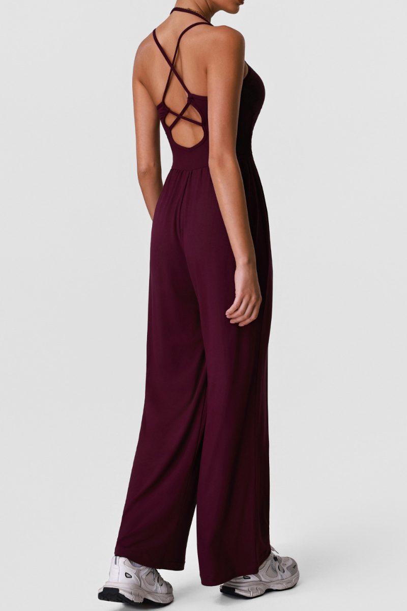 Women's Sports Halter Cross Back Wide Leg Yoga Jumpsuit
