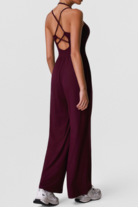 Women's Sports Halter Cross Back Wide Leg Yoga Jumpsuit