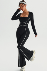Women's Square Neck Contrast Stitch Waist Cinch Jumpsuit