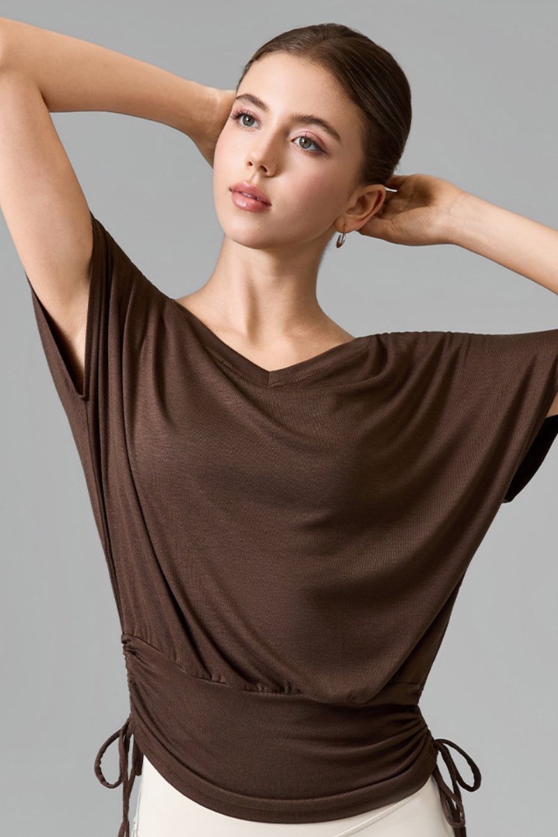 Women's V Neck Batwing Sleeve Side Drawstring Loose Fit Top