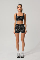 Women Gold Foil Fabric Sports Bras + Yoga Sports Shorts