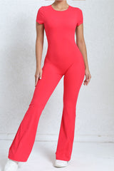 Women Short Sleeve Big Backless One Piece Flare Tight Nude Outfit Fitness Sports Yoga Bodysuit
