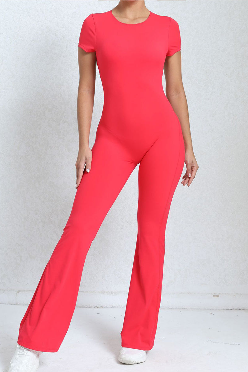 Women Short Sleeve Big Backless One Piece Flare Tight Nude Outfit Fitness Sports Yoga Bodysuit