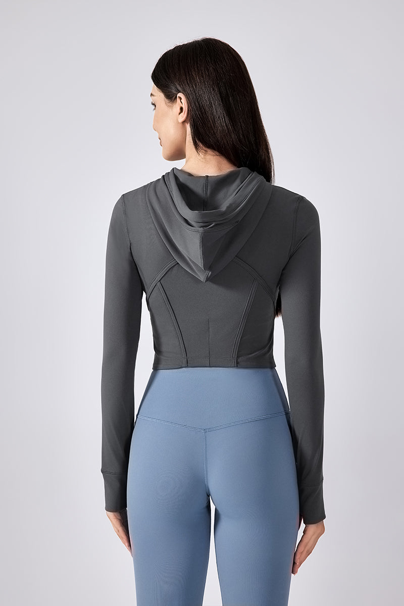 Women Hooded Drawstring Short Slim Outdoor Sports Fitness Yoga Jacket