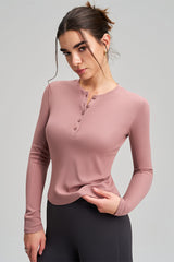 Women Slim-Fit Henley-Collar Workout Long Sleeve Top
