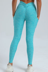 Women Pleated Skinny Hip V Waist Side Pockets No Embarrassment Line Fitness Exercise Yoga Pants