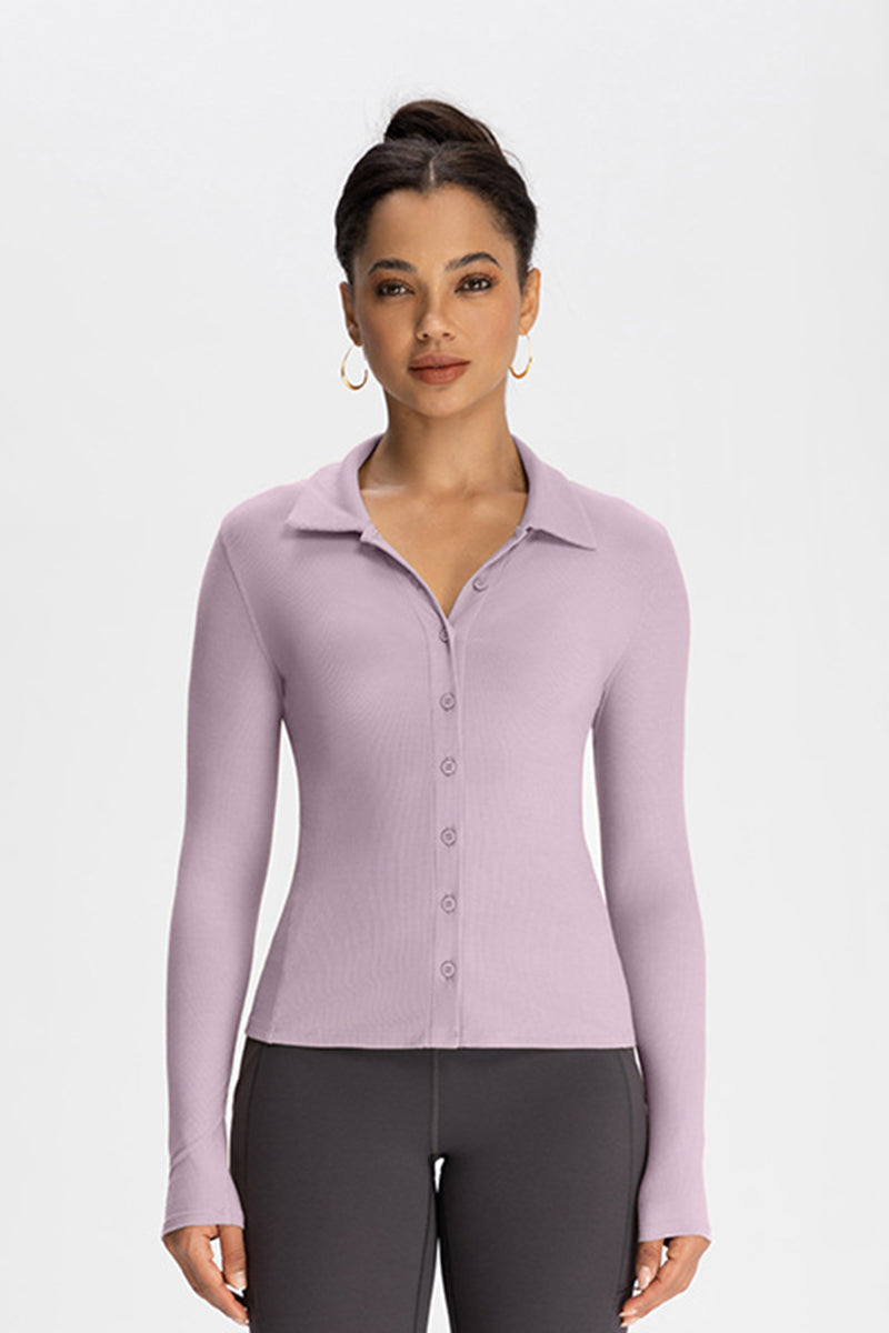 Women Modal Henley Collar Button Down Slim Fit Long Sleeve Yoga Top