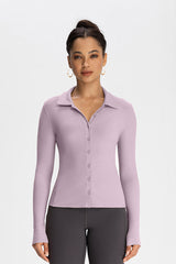 Women Modal Henley Collar Button Down Slim Fit Long Sleeve Yoga Top