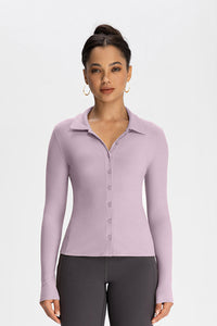 Women Modal Henley Collar Button Down Slim Fit Long Sleeve Yoga Top