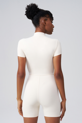 Women's Round Neck Zip Sculpting Long Sleeve Shorts Jumpsuit