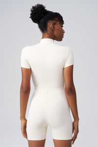 Women's Round Neck Zip Sculpting Long Sleeve Shorts Jumpsuit