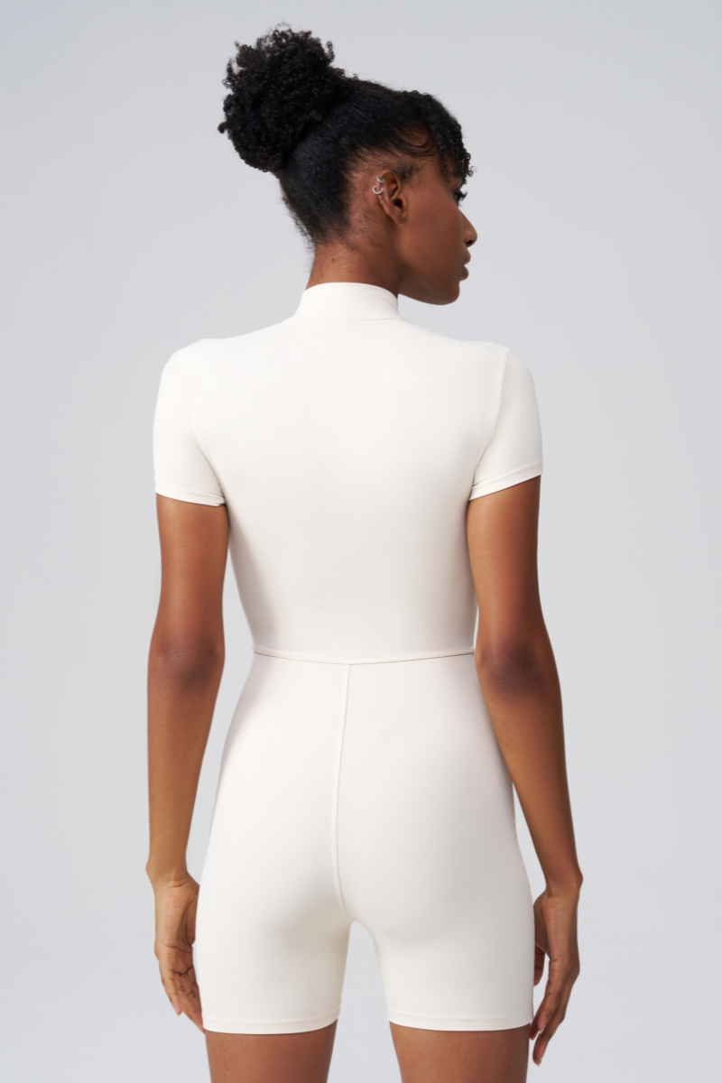 Women's Round Neck Zip Sculpting Long Sleeve Shorts Jumpsuit