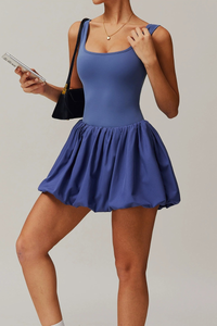 Women's Square Neck Bubble Hem Built-in Shorts Mini Dress