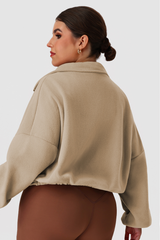 Plus Size Women's Double-Sided Fleece Cropped Drawstring Stand Collar Jacket