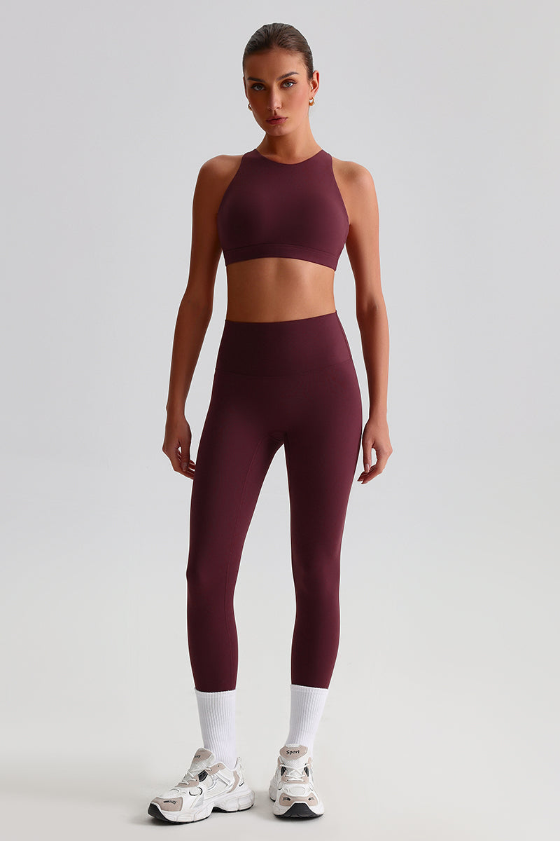 Women Brushed Cross-Back Slim-Fit Yoga Set: High-Waisted Butt-Lifting Outdoor Running Leggings + Round Neck Sports Bra