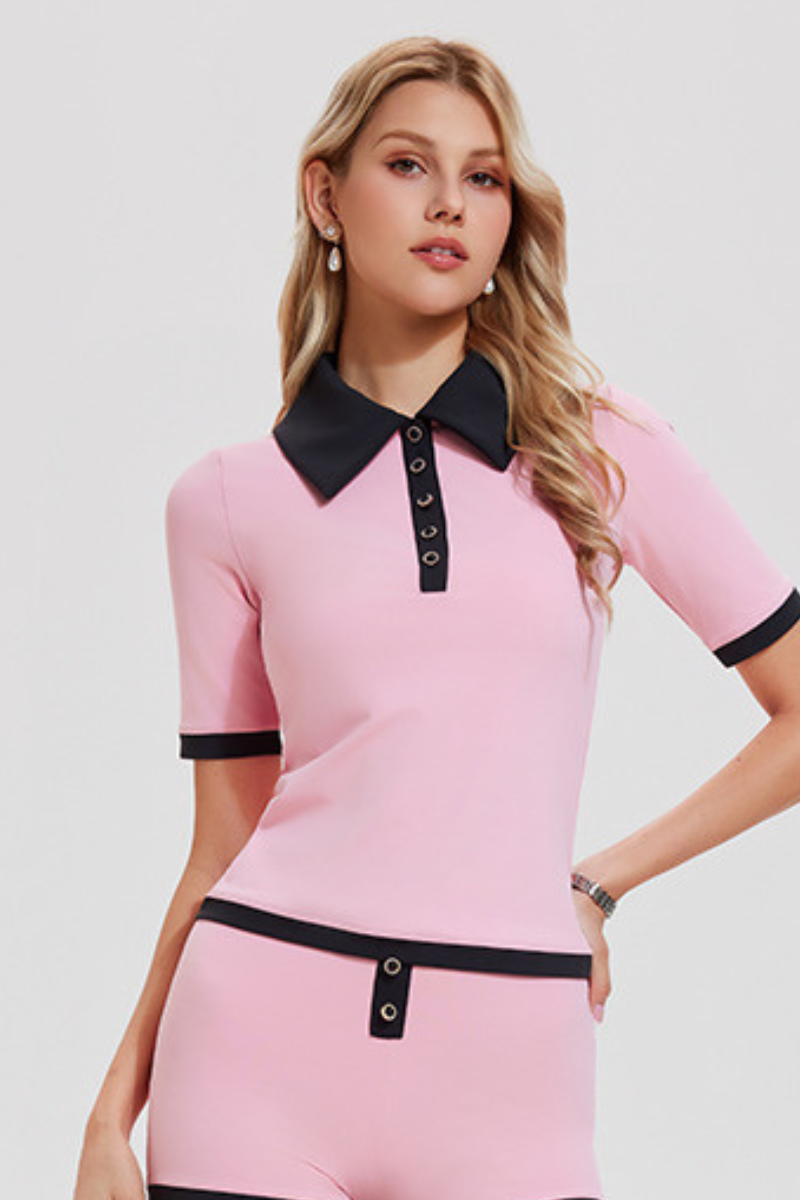 Women's Vintage Polo Collar Color-Block Sports Tennis Tee