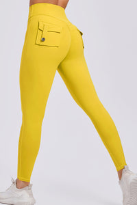 Women Button Work Pocket High Waisted Hip Lifting Stretchy Skinny Yoga Running Fitness Pants
