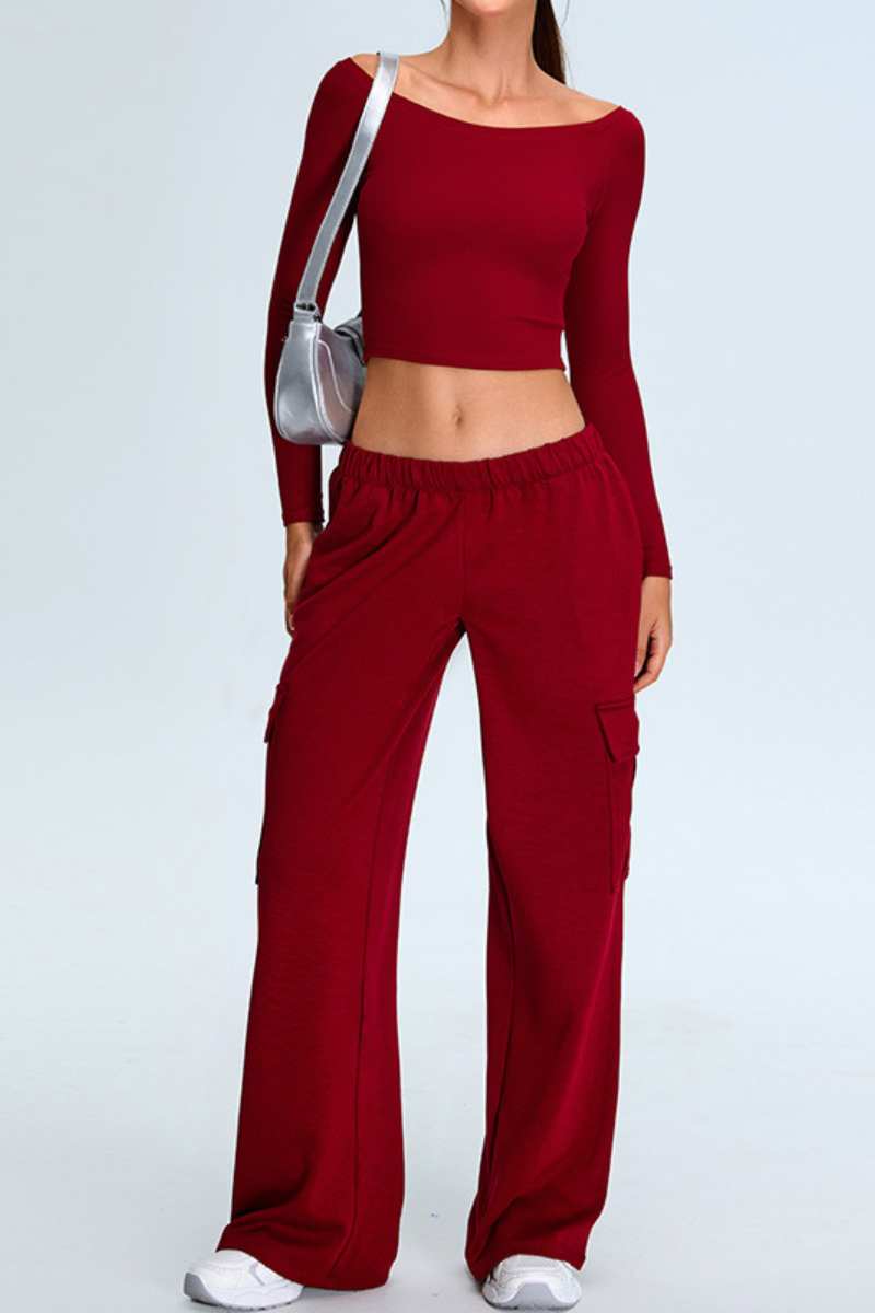 Women's Set:Off The Shoulder Cropped Top And Wide Leg Pants