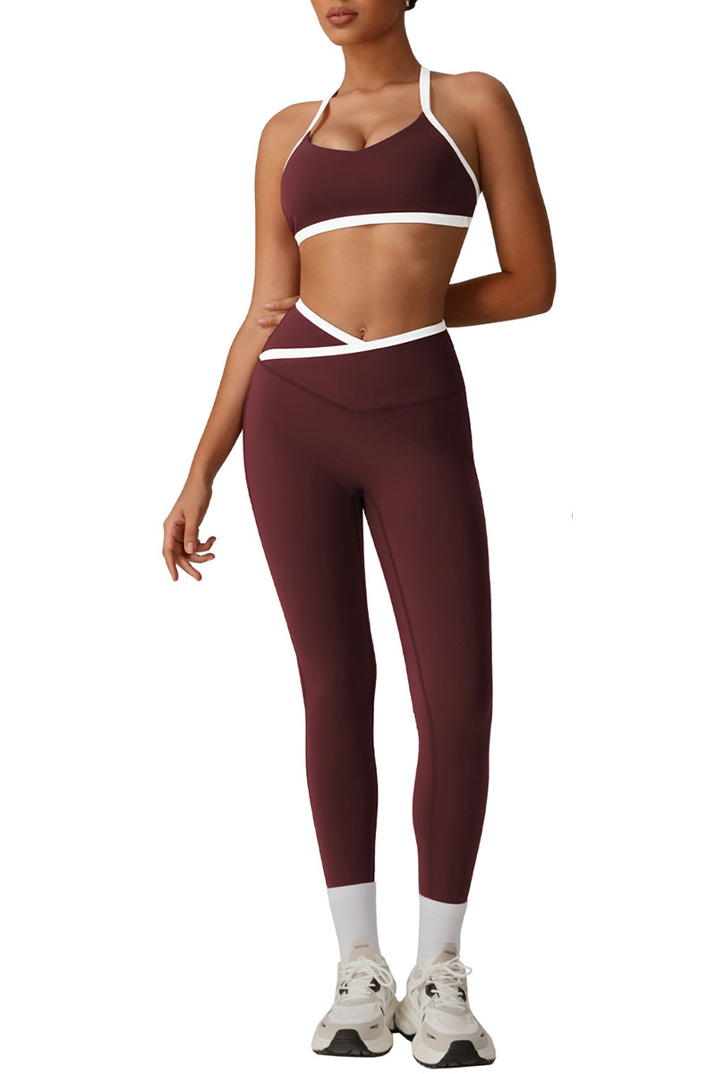 Trimmed crossover back bra & high waist sports leggings 2-piece set