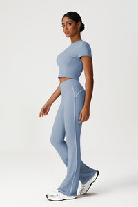 Women Seamless High Waisted Flared Yoga Set: Cropped T-Shirt + Flared Leggings
