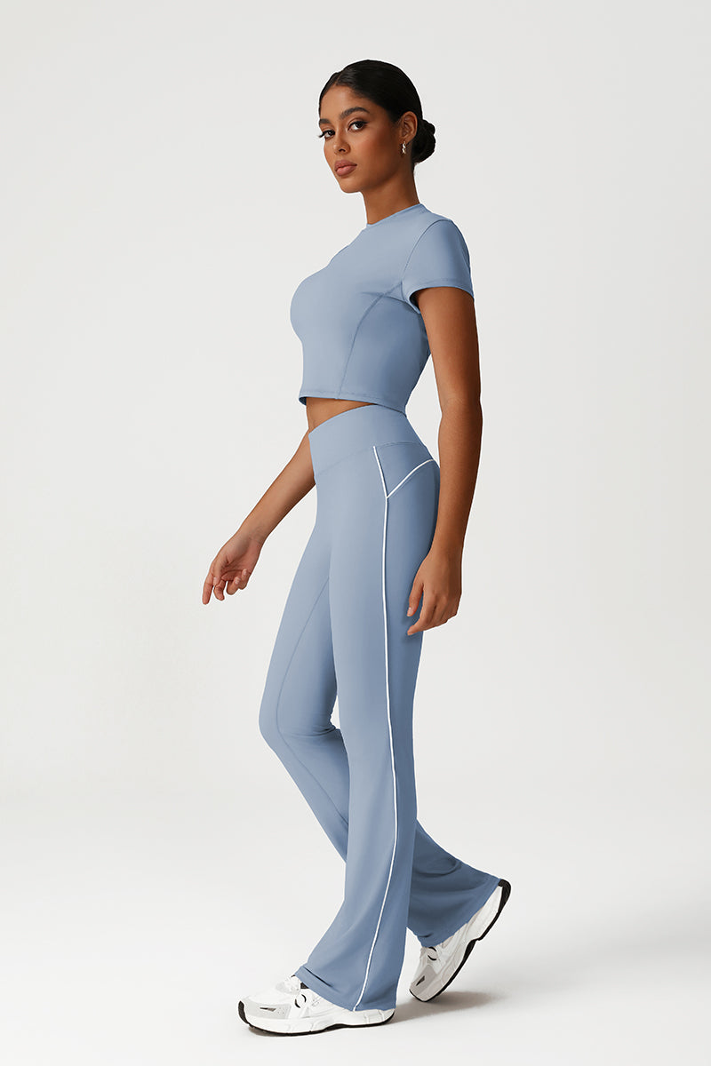 Women Seamless High Waisted Flared Yoga Set: Cropped T-Shirt + Flared Leggings