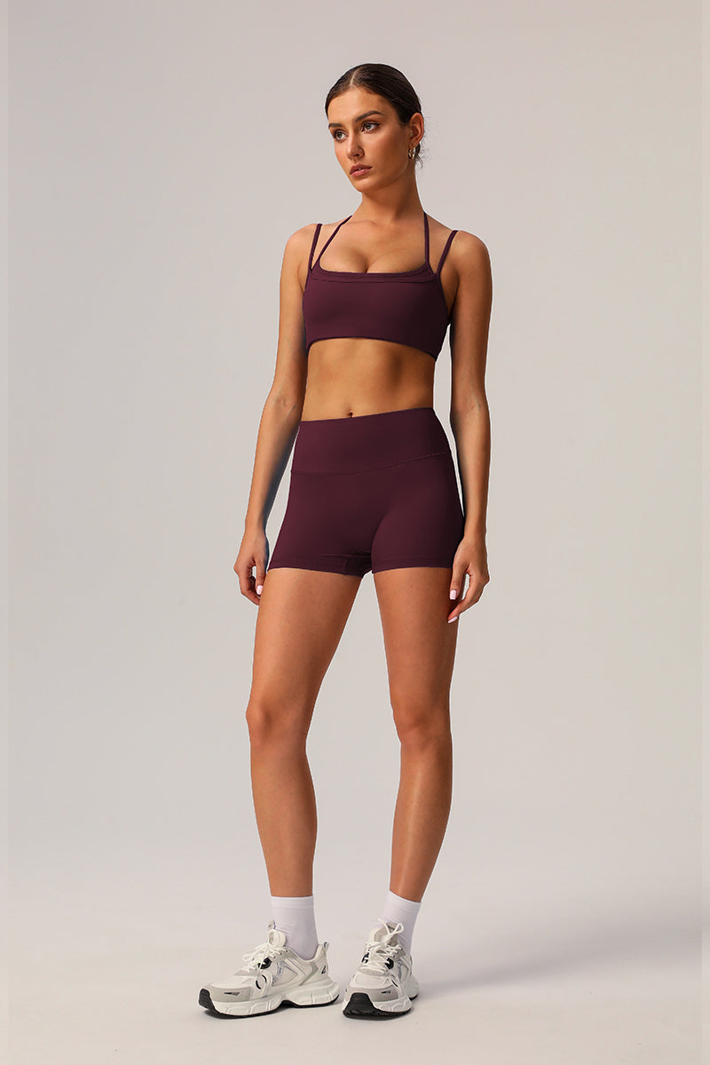 2 Pcs Set High Elastic Thin Strap Halter Neck Fitness Running Sports Bra + Push-Up Shorts