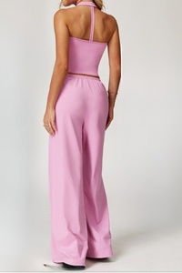 Women's Yoga Set: V Neck Halter Tank Top & Wide Leg Pants