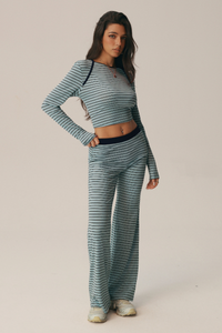 Women's Fall Striped Crew Neck Long Sleeve Top and Pants Set