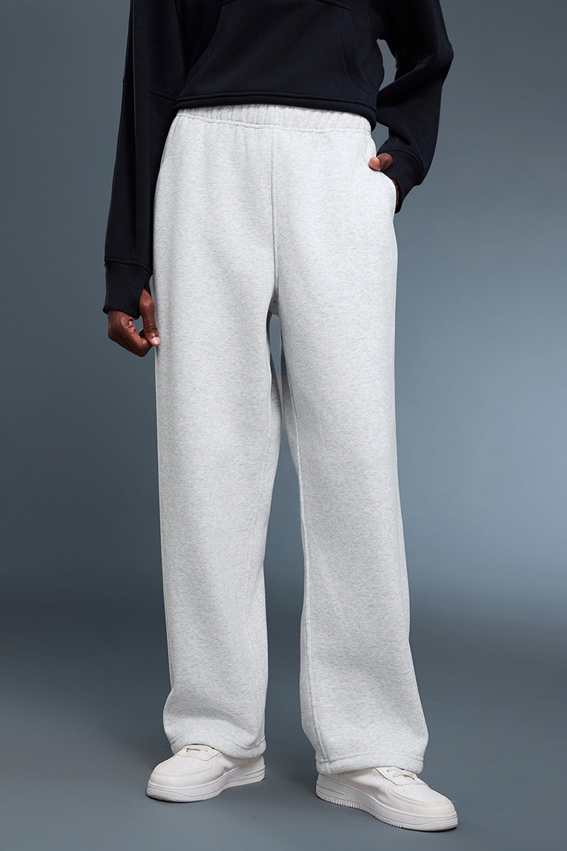 Women Loose Straight Leg Fleece-Lined Drawstring Casual Sport Pants