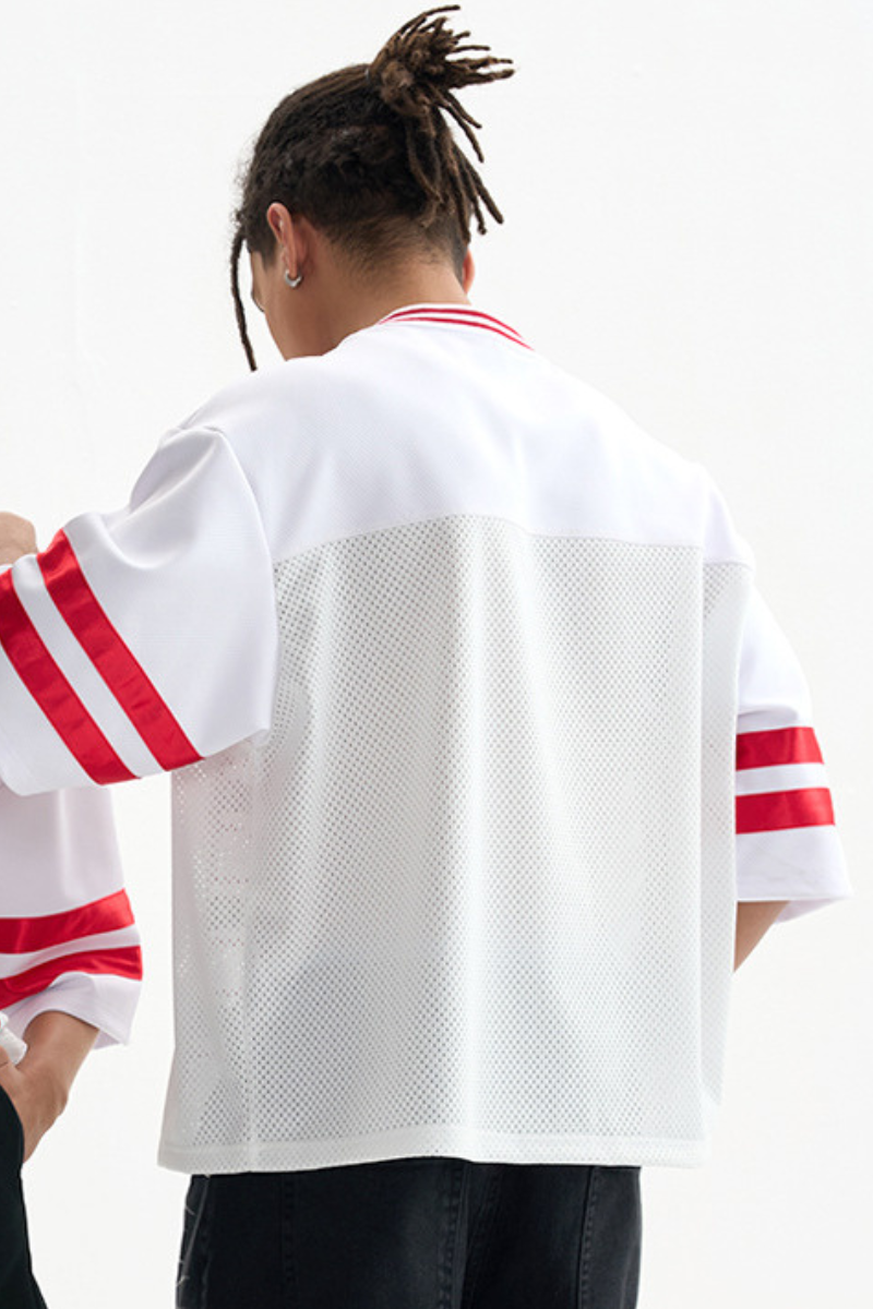 Unisex Striped Color Block Mesh Athletic Football Jersey Tee