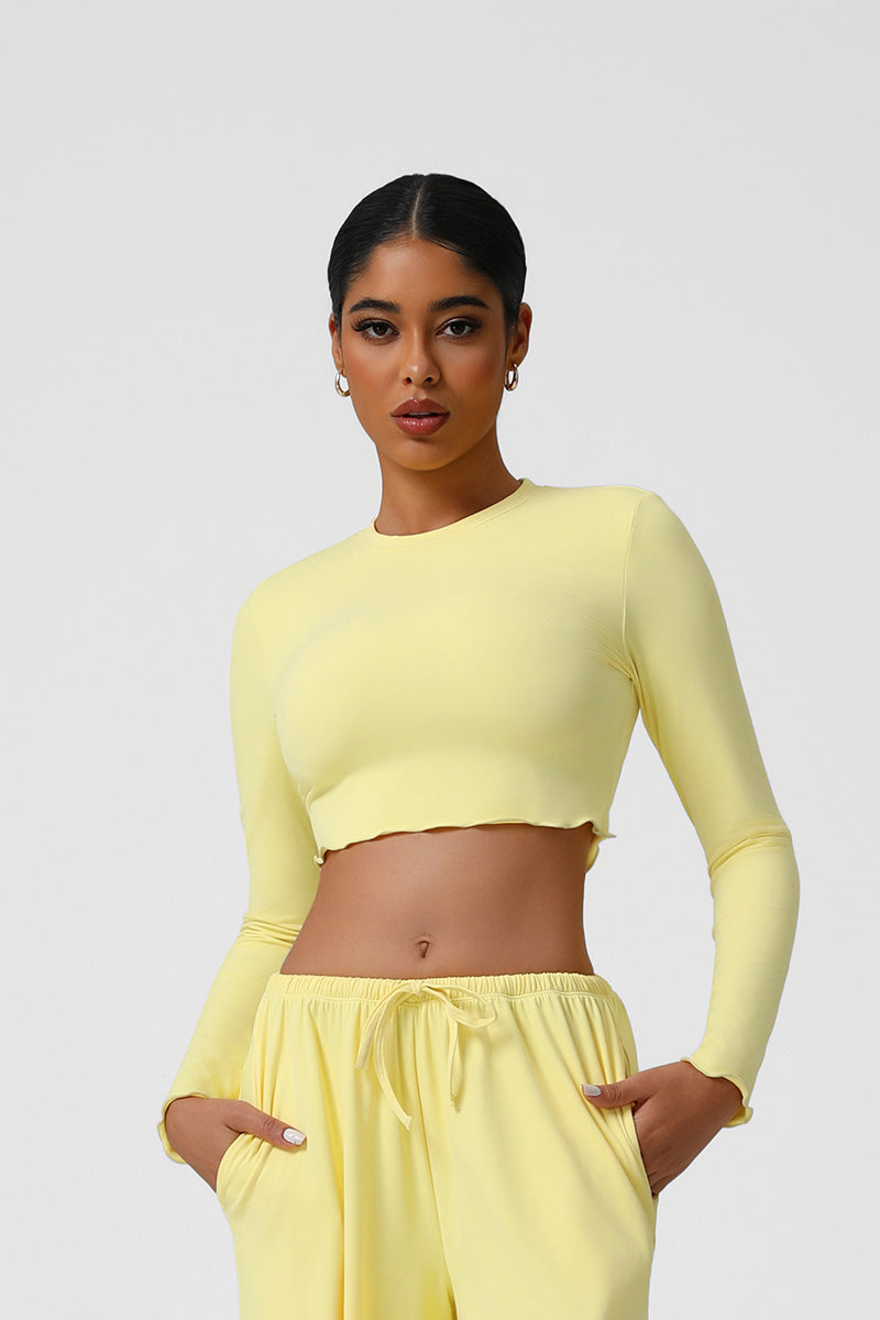 Women Slim Fit Wave Hem Yoga Long Sleeves