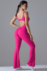 Women's U-neck Pleated Buttocks Lift Flared Pants Jumpsuit