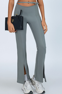 Women's Sports Buckle Waist Cutout Flare Pants with Slit