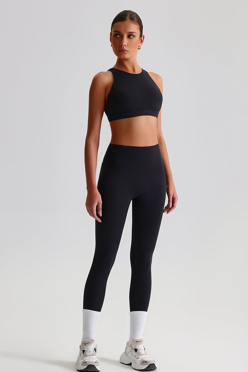 Women Brushed Cross-Back Slim-Fit Yoga Set: High-Waisted Butt-Lifting Outdoor Running Leggings + Round Neck Sports Bra