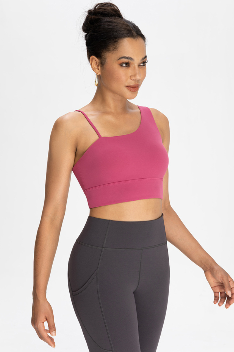 Bra with built-in chest padding and slanted shoulders