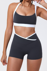 Women's Color-Block Halter Sports Bra & Cross-Waist Shorts Set