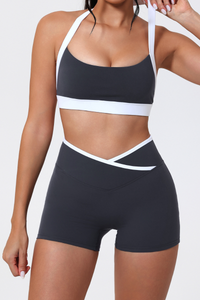 Women's Color-Block Halter Sports Bra & Cross-Waist Shorts Set