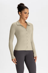 Women Modal Henley Collar Button Down Slim Fit Long Sleeve Yoga Top
