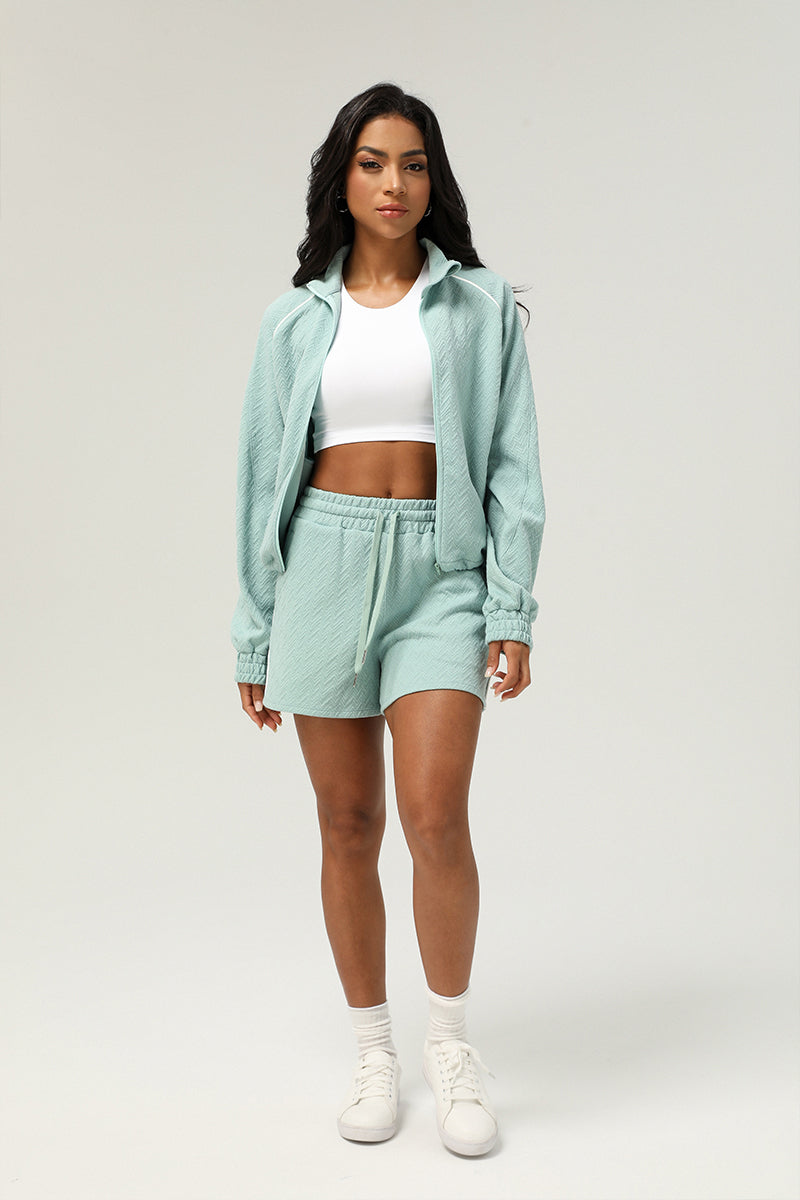 2 Pcs Set Casual Stand Collar Jacket + Drawstring Outdoor Running Shorts