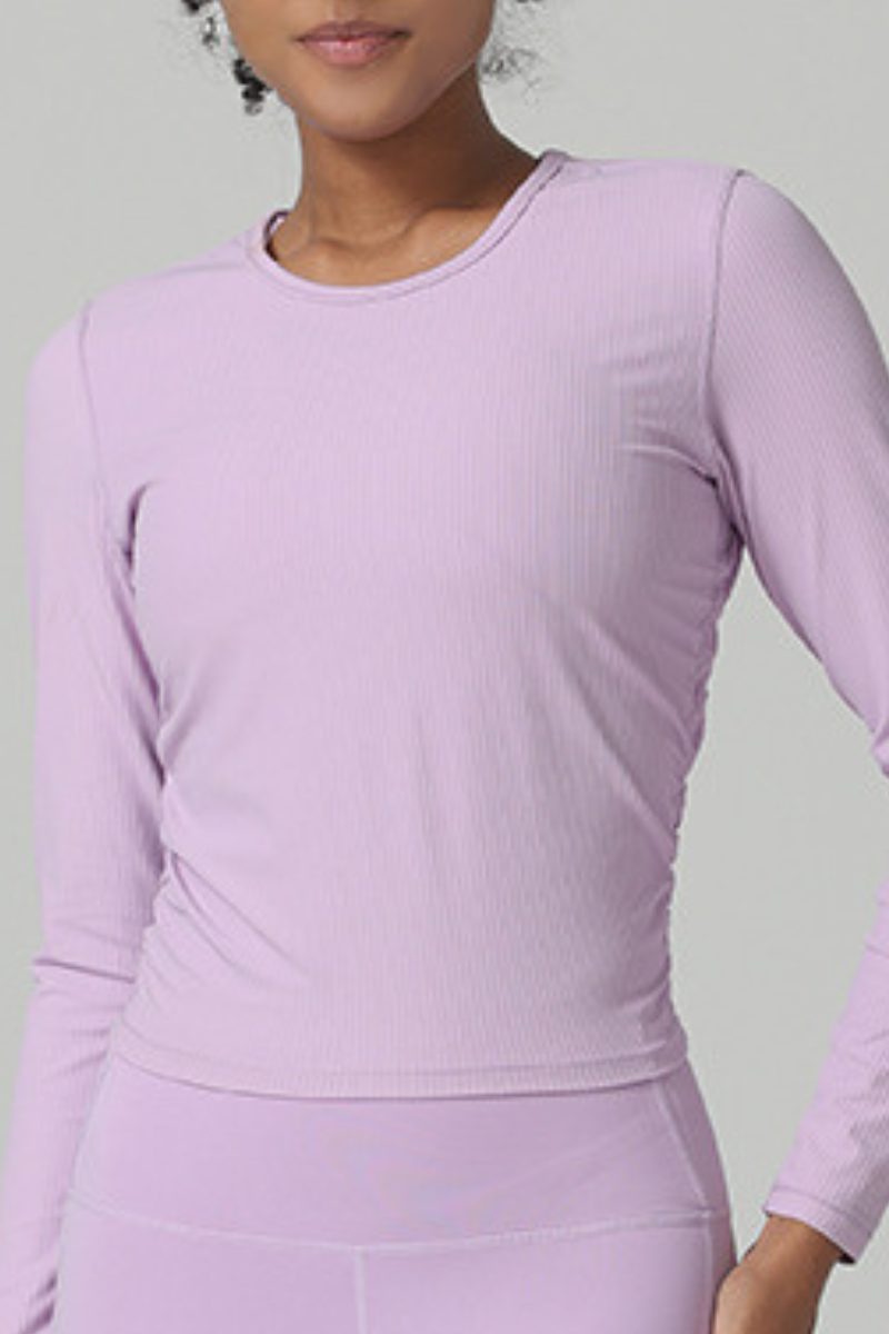 Women's Fall Ribbed Side Ruched Cropped Long Sleeve Athletic Top