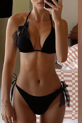 Women's Black Mesh Bow Side Tie Vacation Sexy Bikini Sets