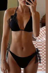 Women's Black Mesh Bow Side Tie Vacation Sexy Bikini Sets