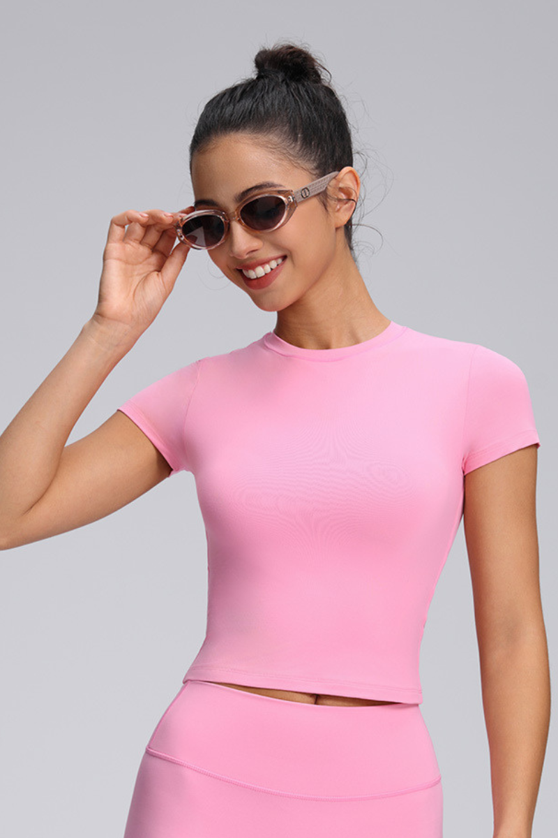 Women's Summer Solid Slim Fitted Cropped Athletic Yoga Tee