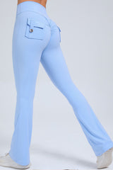 Women Button High Waist Wide Leg Peach Lift Hip Micro Pants Fitness Sports Quick Dry Yoga Pants