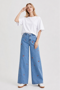 Women's High Waist Cherry Embroidered Wide Leg Jeans
