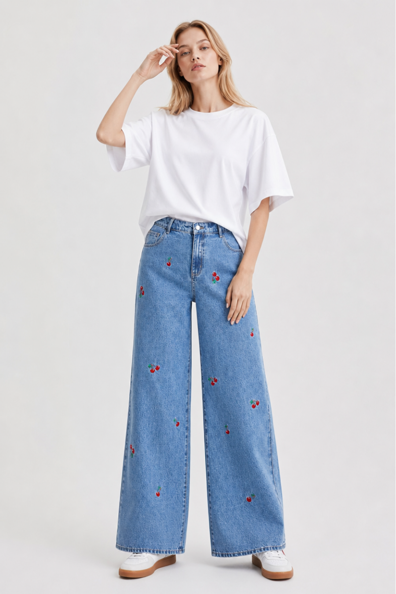Women's High Waist Cherry Embroidered Wide Leg Jeans