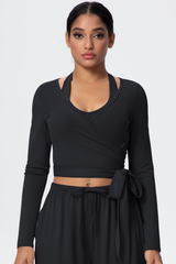 Women’s Criss-Cross Waist Straps Halterneck Long-Sleeve Top