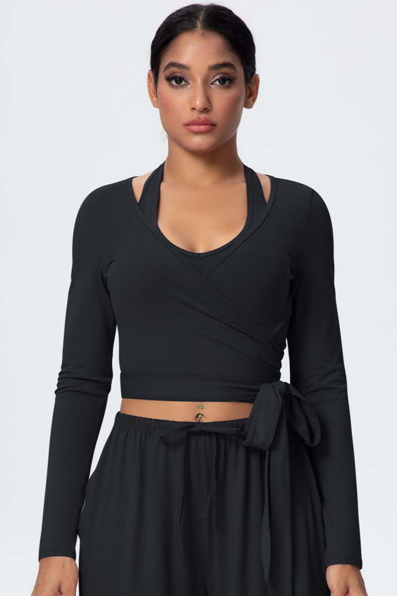 Women’s Criss-Cross Waist Straps Halterneck Long-Sleeve Top